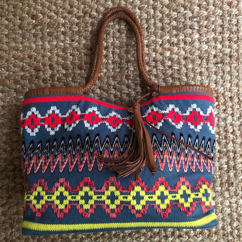 Tory Burch Taylor Aztec Linen Tote with Calf Leather.